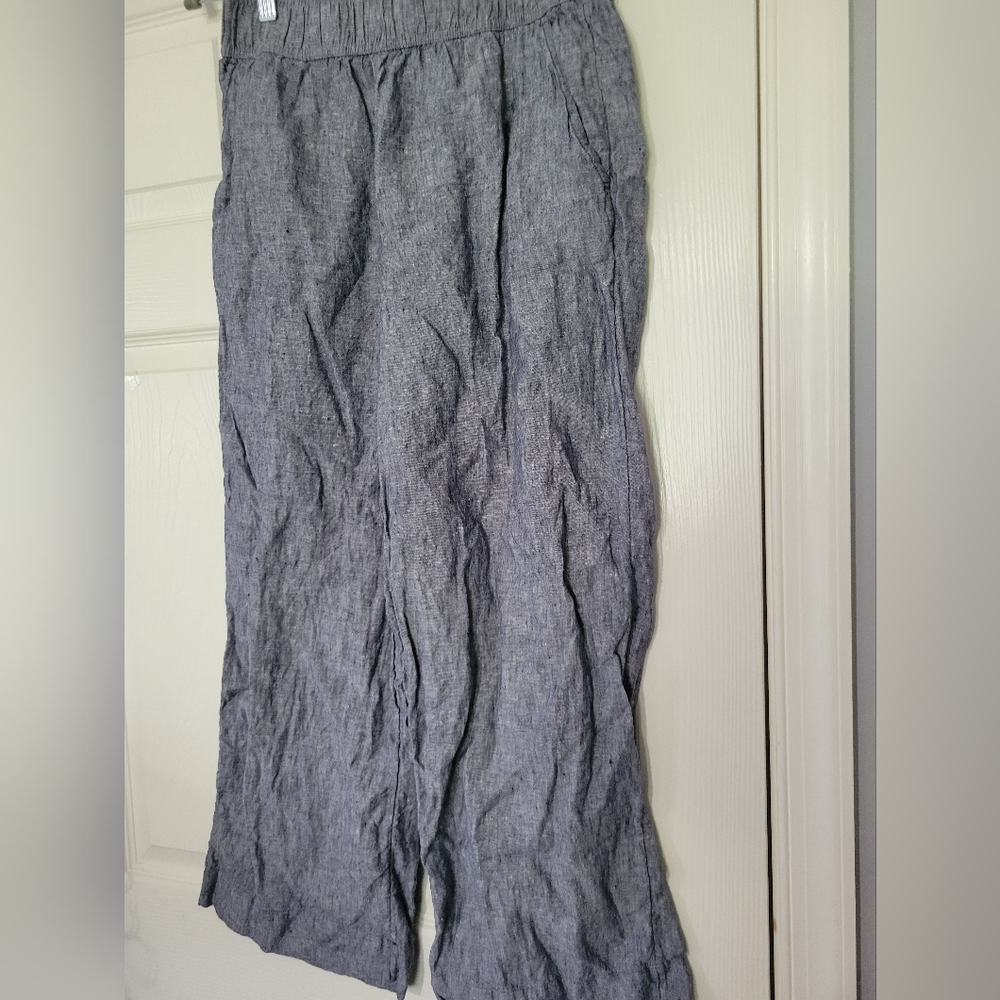 SOLD OUT Tahari Blue 100% Linen Wide Leg Cropped Pull On Pants Womens